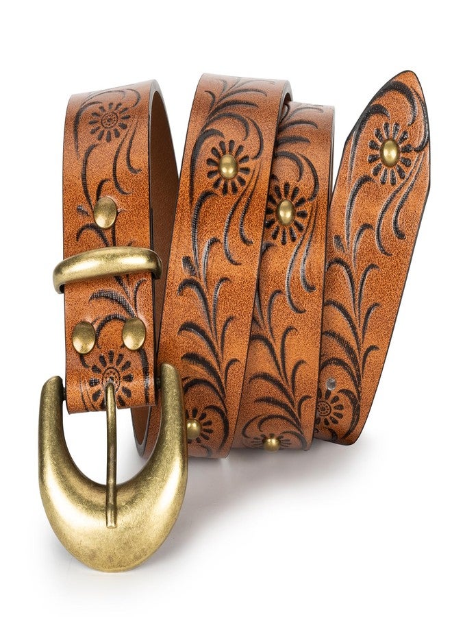 XuoAz Women Leather Belt for Jeans Pants Western Cowboy Cowgirl Belt Embossed Floral Country Belts with Gold Buckle - Image 3